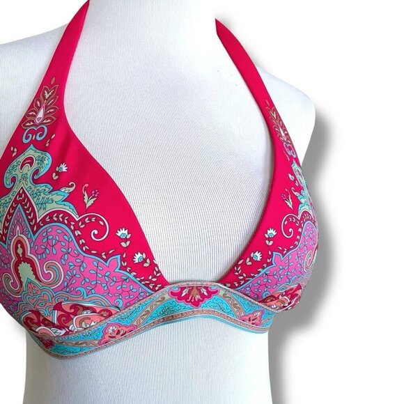 Victorias Secret Womens Bikini Swimsuit Top Sz Medium Blue Pink Boho Halter - Picture 2 of 5